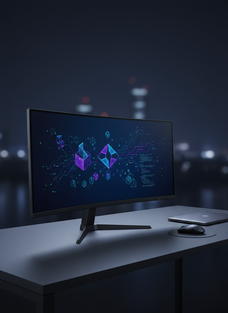 A sleek, modern workstation representing a sophisticated software portfolio, featuring a high-resolution ultra-wide monitor displaying an abstract dark-themed dashboard of code structures and data visualizations, all rendered as clean geometric shapes without legible text. The monitor rests on a matte black desk with a brushed metal laptop partially closed beside it and a minimalist wireless mouse. Soft, cool studio lighting from the left creates subtle reflections on the screen and gentle shadows on the desk. The background fades into a smooth, dark gradient with faint bokeh hints of technology, creating a calm, professional atmosphere. Shot at eye level with a shallow depth of field, emphasizing photographic realism and a polished, contemporary aesthetic suited for a home landing page hero image.