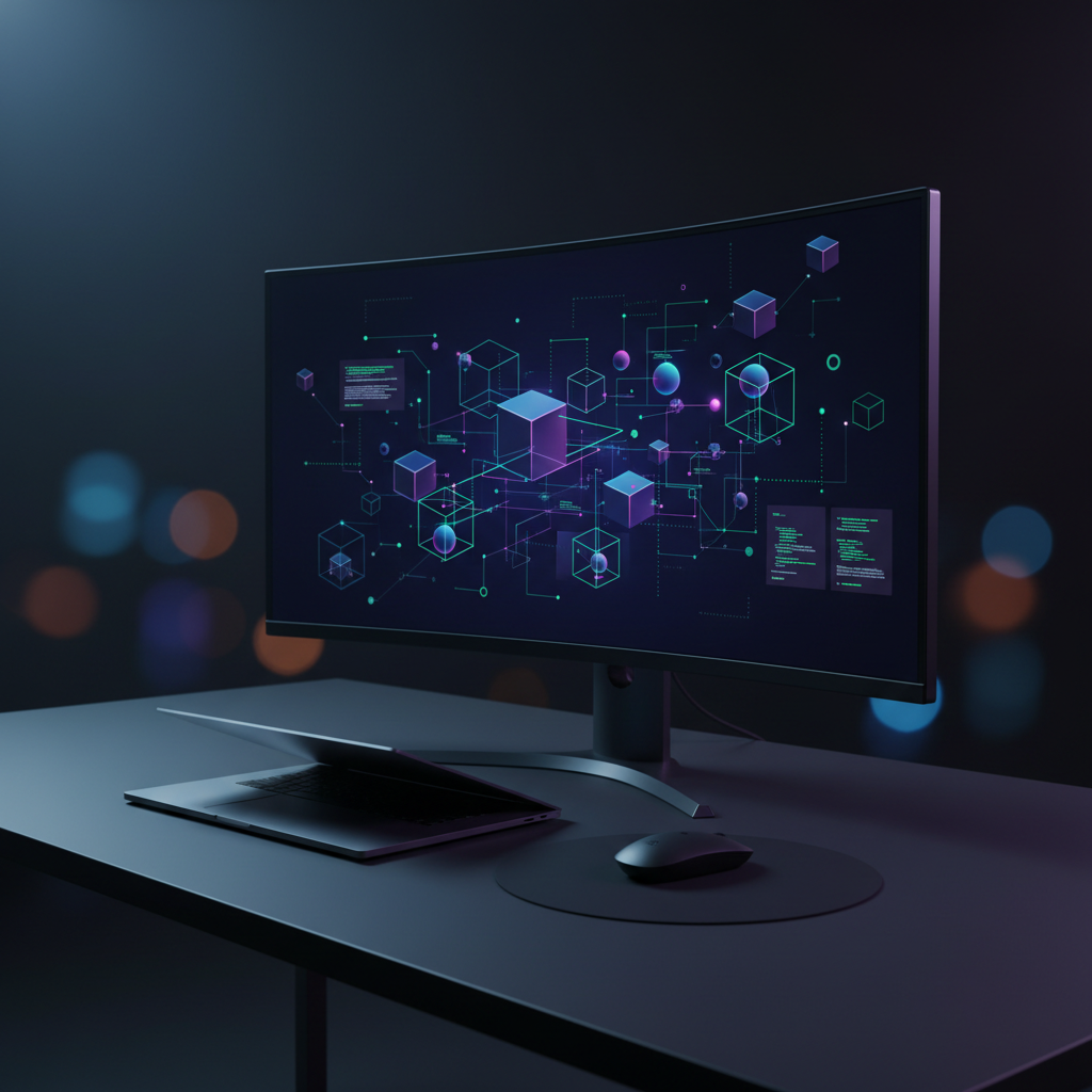 A sleek, modern workstation representing a sophisticated software portfolio, featuring a high-resolution ultra-wide monitor displaying an abstract dark-themed dashboard of code structures and data visualizations, all rendered as clean geometric shapes without legible text. The monitor rests on a matte black desk with a brushed metal laptop partially closed beside it and a minimalist wireless mouse. Soft, cool studio lighting from the left creates subtle reflections on the screen and gentle shadows on the desk. The background fades into a smooth, dark gradient with faint bokeh hints of technology, creating a calm, professional atmosphere. Shot at eye level with a shallow depth of field, emphasizing photographic realism and a polished, contemporary aesthetic suited for a home landing page hero image.