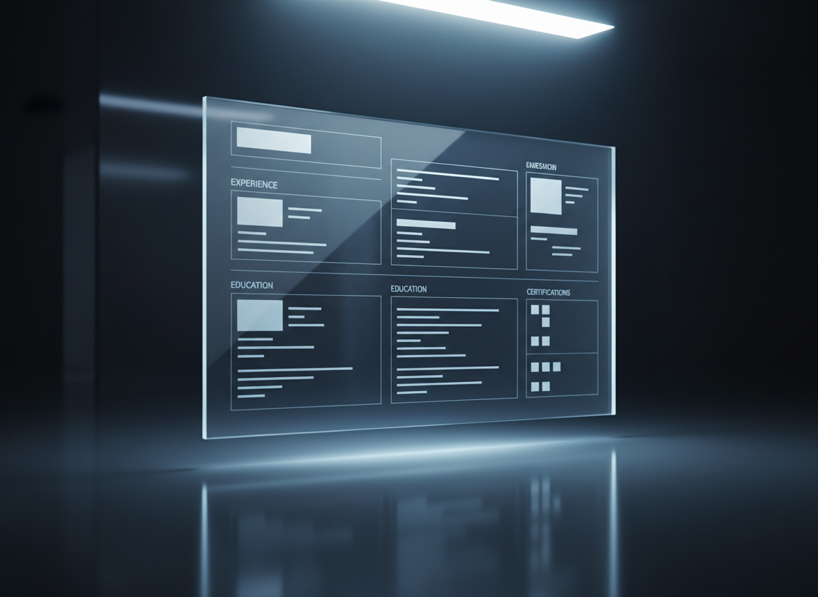 A meticulously organized resume layout depicted as a single, large, semi-transparent glass panel floating above a dark, reflective surface. The panel is divided into clean sections using subtle lines and soft gradients, with abstract rectangular shapes standing in for experience, education, and certifications—no actual text is legible. A faint glow from beneath the panel creates a luminous edge, while cool overhead lighting adds gentle reflections on the glass. The environment around it is minimal and shadowy, keeping focus on the structured panel. Shot from a slightly elevated perspective with sharp focus, the image conveys precision, structure, and professionalism, perfectly suited for a Resume or CV page in a sophisticated portfolio.