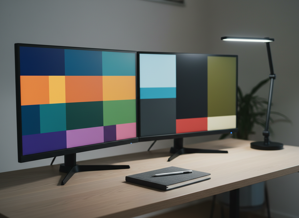 A refined dual-monitor developer setup showcasing an abstract representation of multiple portfolio projects, with each screen divided into neat panels of color-coded blocks symbolizing different applications and dashboards, all without readable text. The matte black monitors sit on a light oak desk alongside a closed notebook with a textured charcoal cover and a slim metal stylus placed precisely on top. Soft, cool-white desk lamp lighting from the right adds crisp highlights and defined yet gentle shadows, while a muted background recedes into tasteful blur. Captured from a three-quarter angle with balanced depth of field, the composition feels orderly and methodical. The photographic realism and minimalist aesthetic make this ideal for a Projects page header.